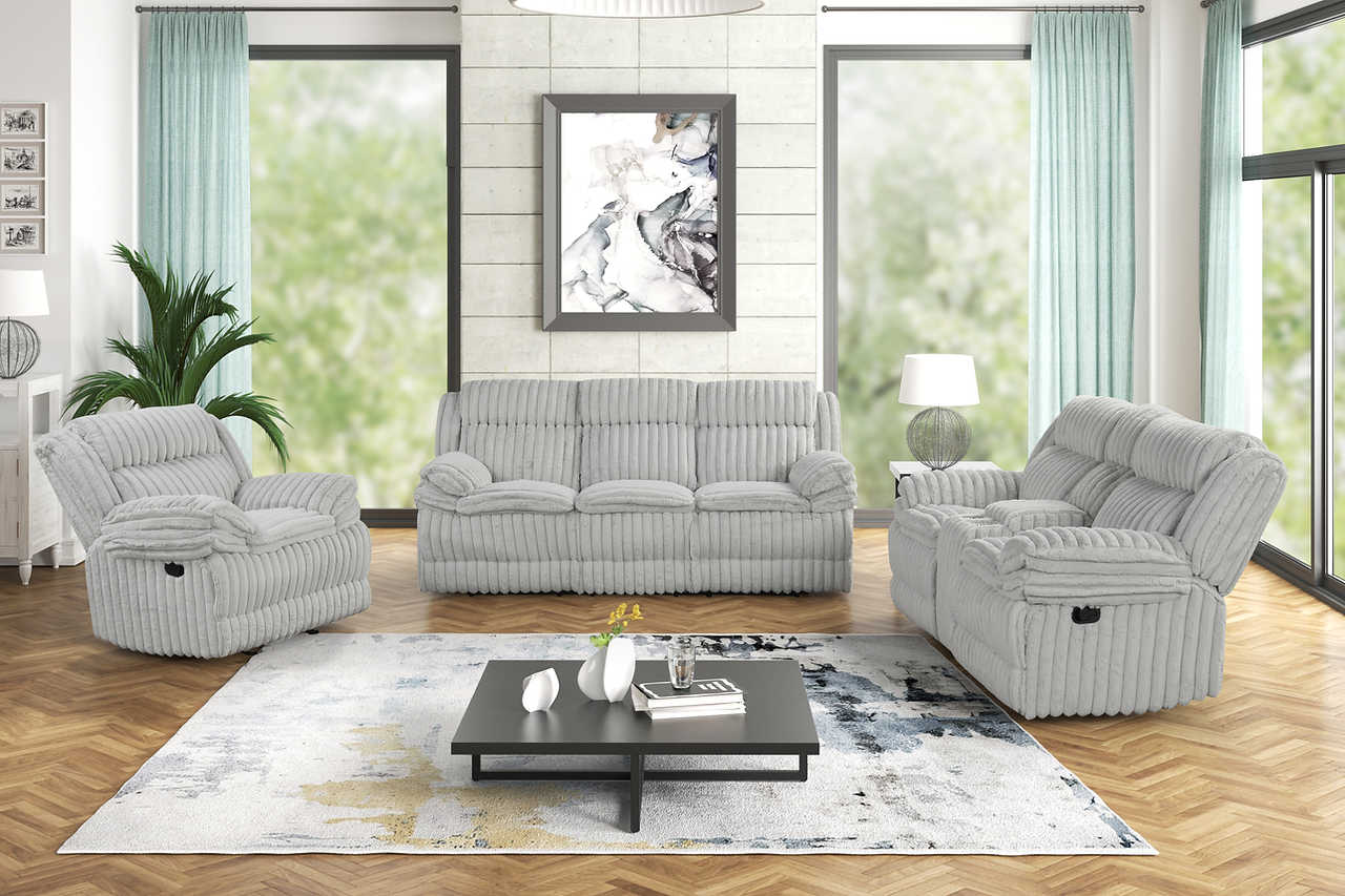 Mellow Grey Thick Stripe Fabric 3-Piece Reclining Set - Image 1