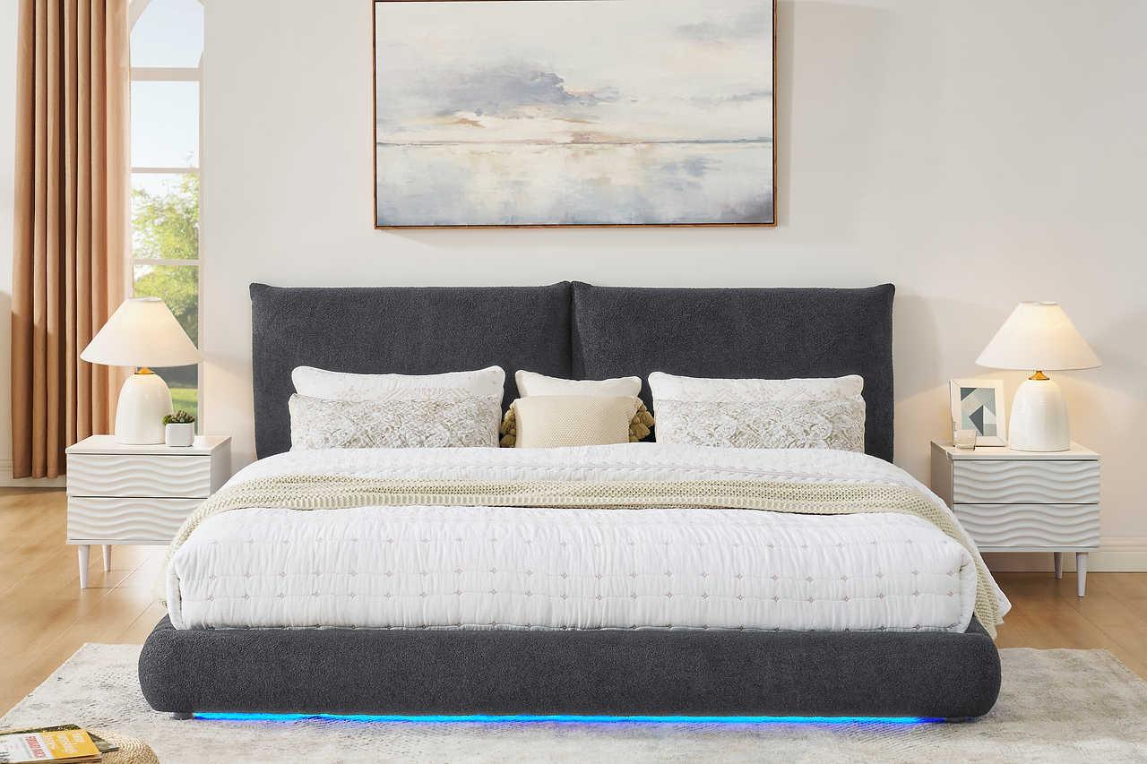 Zima Grey LED Upholstered Platform King Bed - Image 1