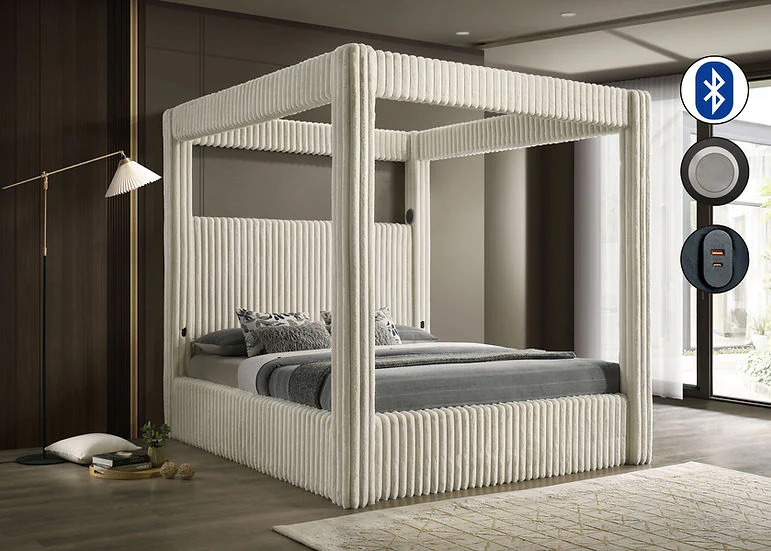 Atlam Cream Upholstered Canopy Platform Queen Bed - Image 1