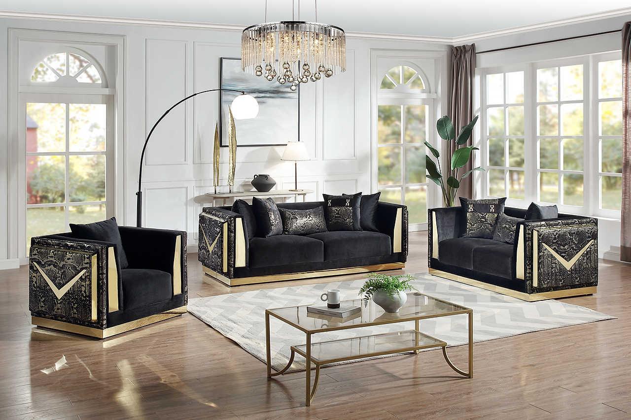 Monaco Black Velvet Living Room Set - Image 1