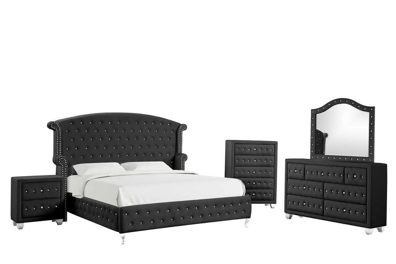 Olivia Black Velvet Tufted Wingback Platform Bedroom Set - Image 2