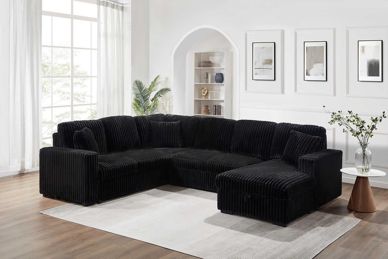 Raha Black Soft Fabric Storage Sectional with Pull Out Bed - Image 3