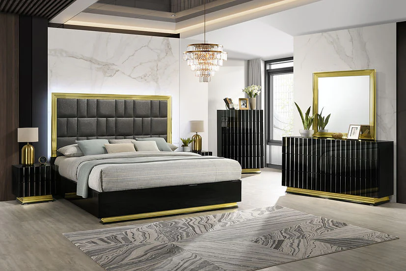 Lila Black Gold Upholstered Platform Bedroom Set - Image 1