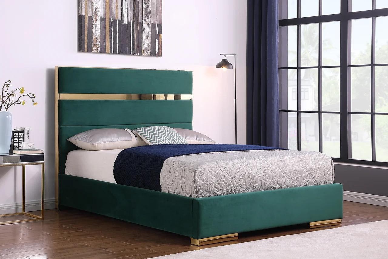 Cartier Green Gold Velvet Upholstered Platform Queen Bed - Image 1