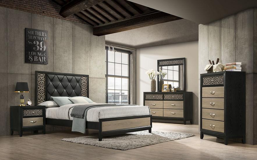 Paro Black Gray Faux Leather Tufted Panel Bedroom Set - Image 1
