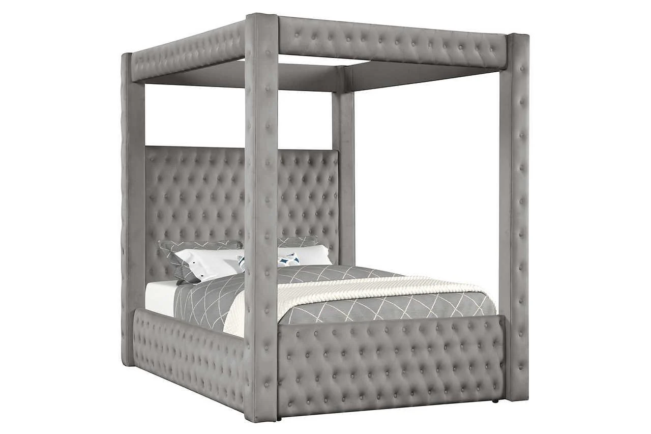 Mansion Gray Upholstered Tufted Canopy Platform Queen Bed - Image 3