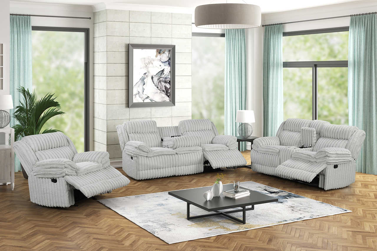 Mellow Grey Thick Stripe Fabric 3-Piece Reclining Set - Image 2