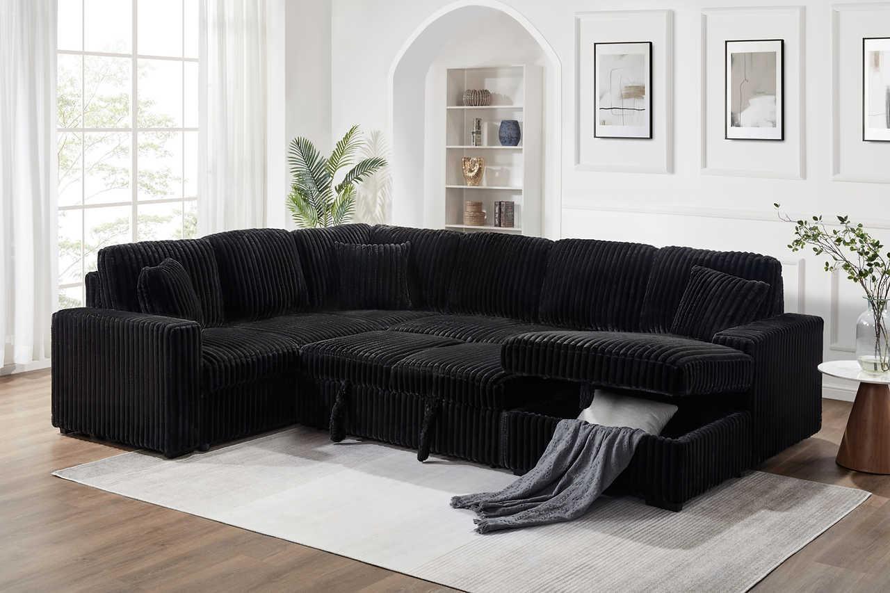 Raha Black Soft Fabric Storage Sectional with Pull Out Bed - Image 1