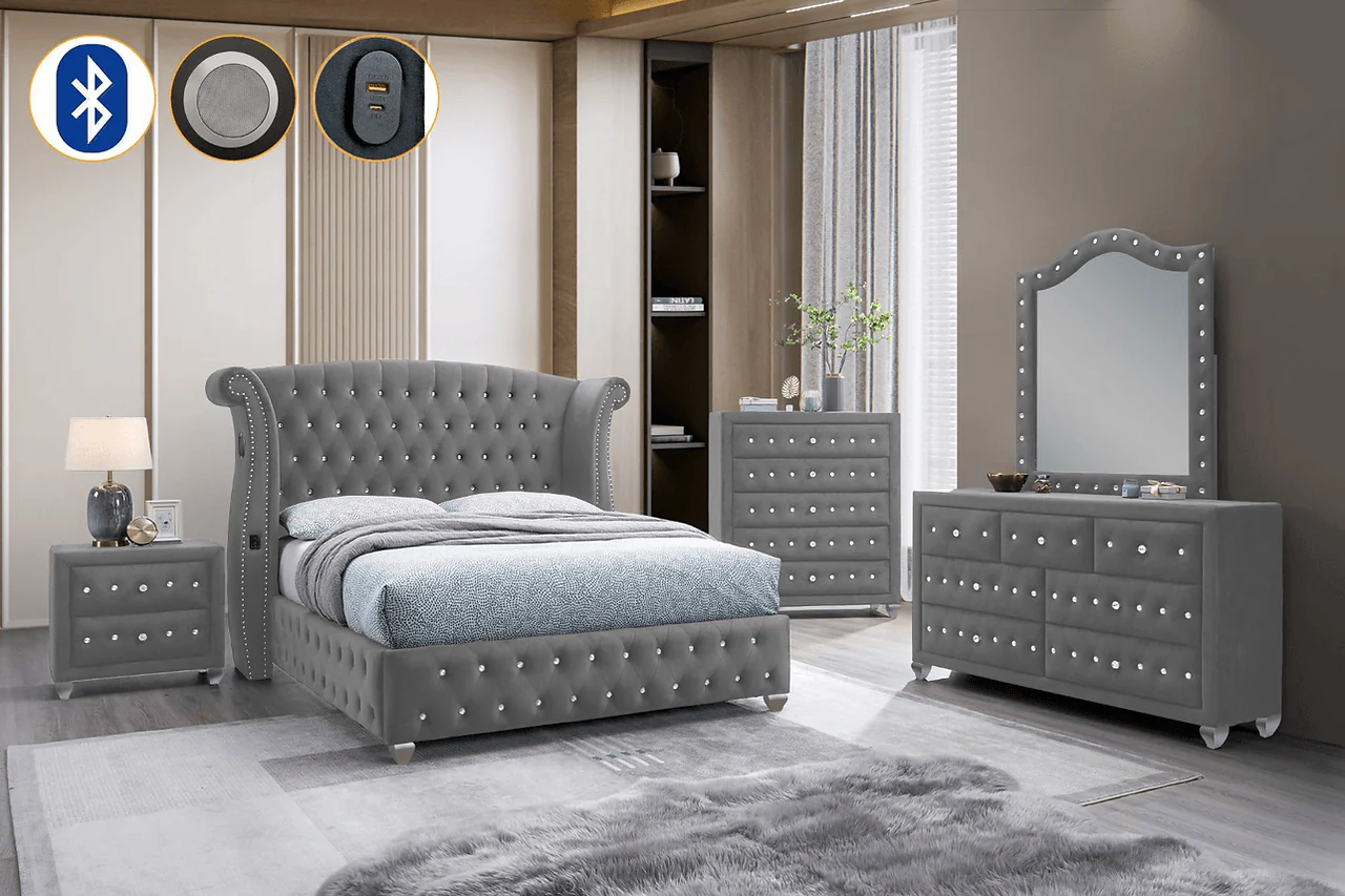 Divina Gray Upholstered Tufted Wingback Bedroom Set - Image 1