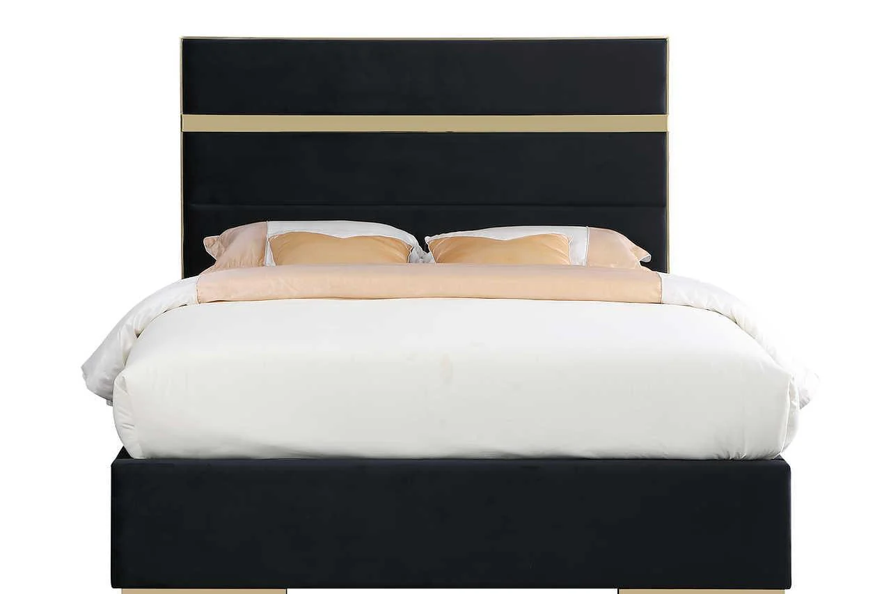 Cartier Black Gold Velvet Upholstered Platform Queen Bed - Image 2