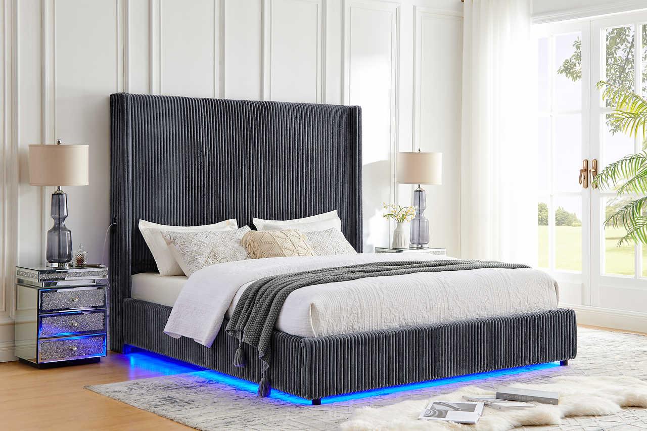 Belinda Grey LED Upholstered Platform Queen Bed - Image 2