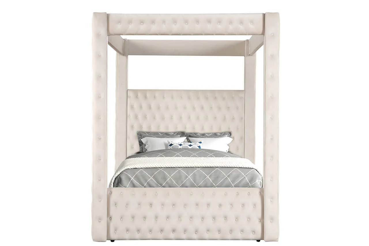 Mansion Beige Upholstered Tufted Canopy Platform King Bed - Image 2