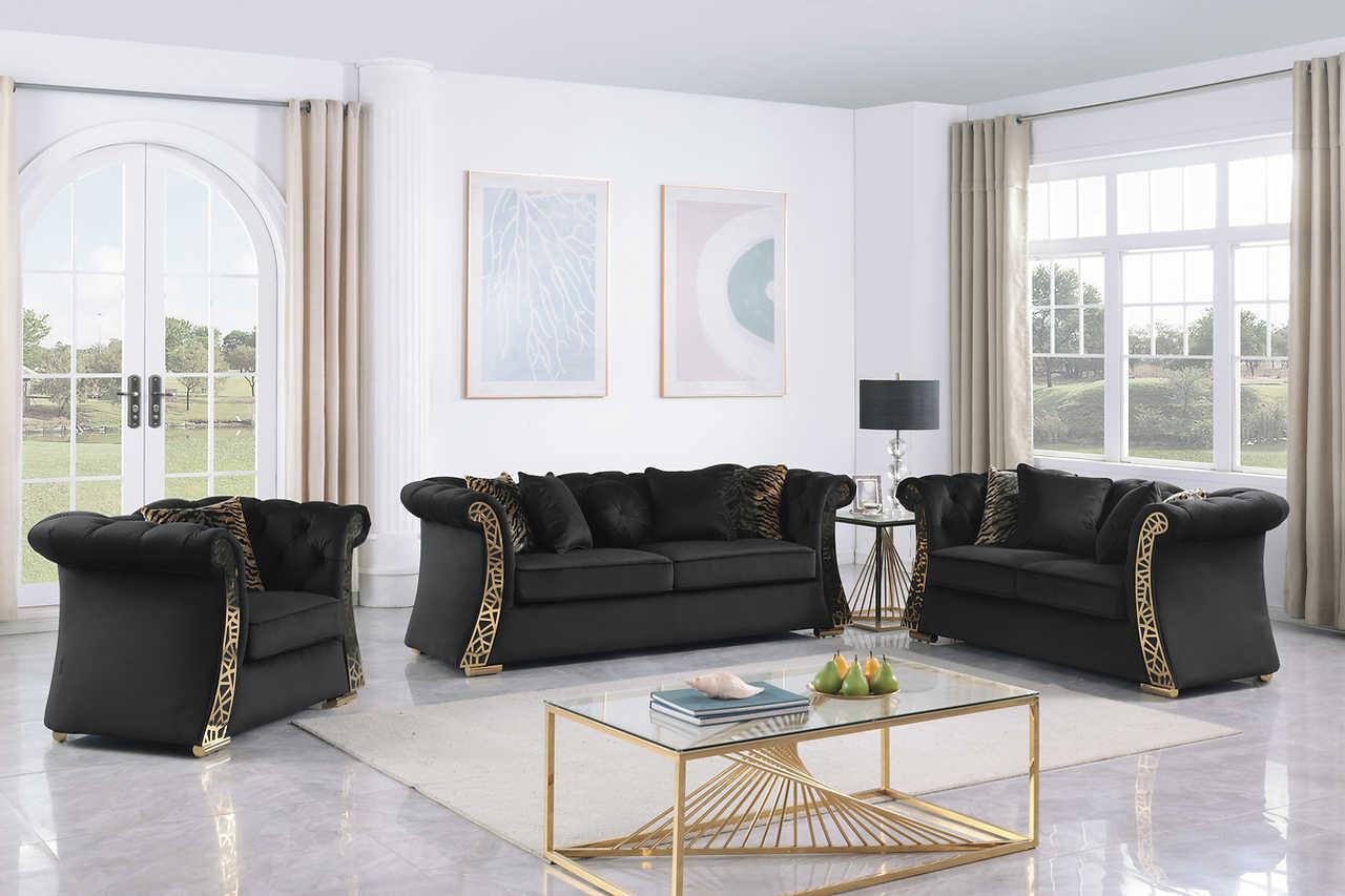Curamo Black Velvet Living Room Set - Image 1
