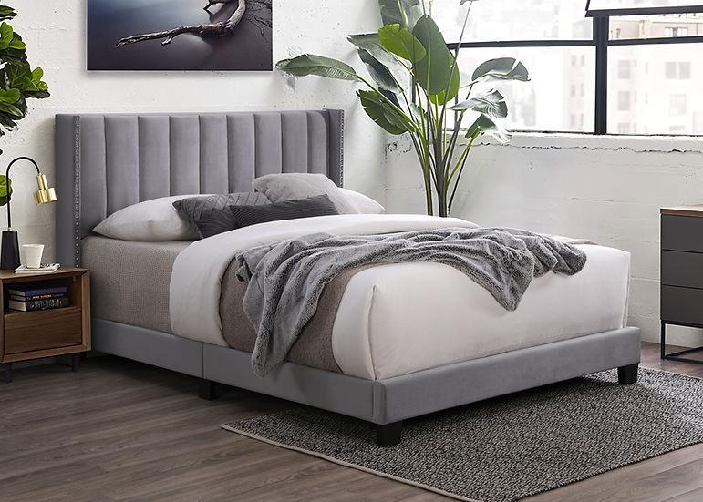 Lola Gray Velvet Upholstered Platform King Bed - Image 1