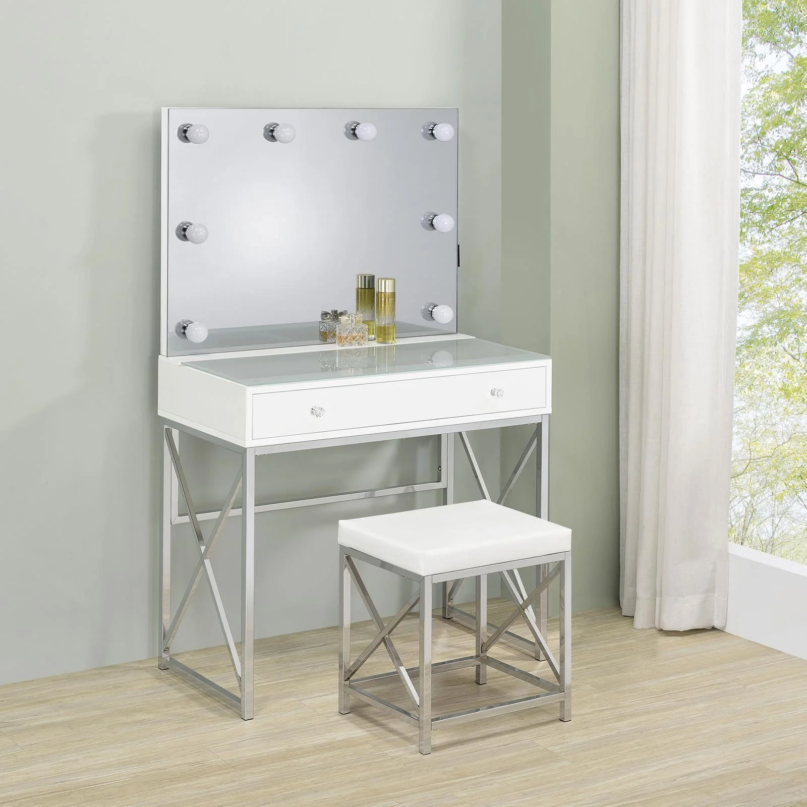 Eliza 2-Piece Vanity Set With Hollywood Lighting White Chrome - Image 2