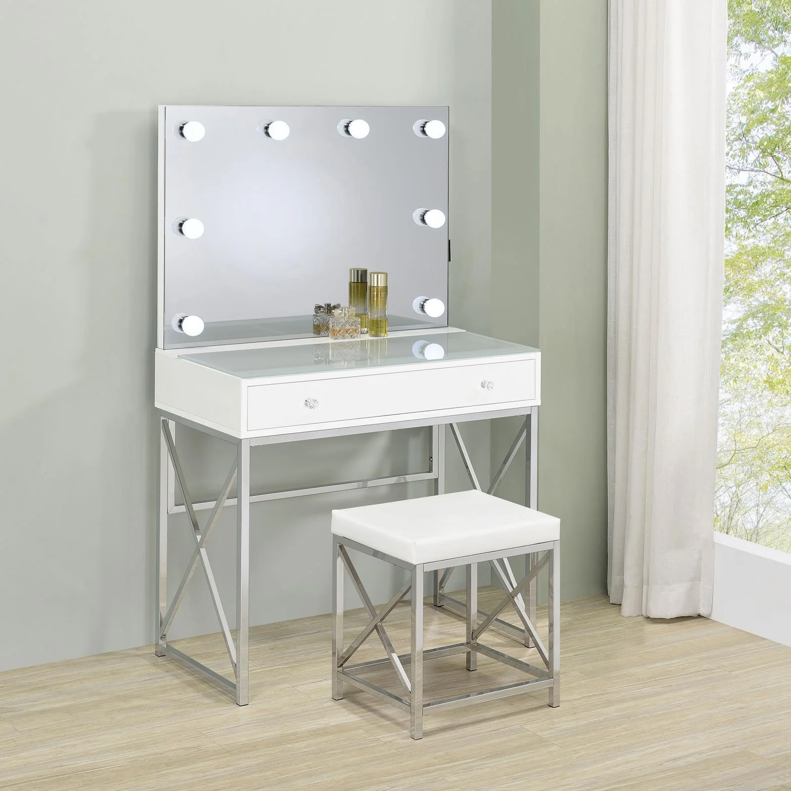 Eliza 2-Piece Vanity Set With Hollywood Lighting White Chrome - Image 3