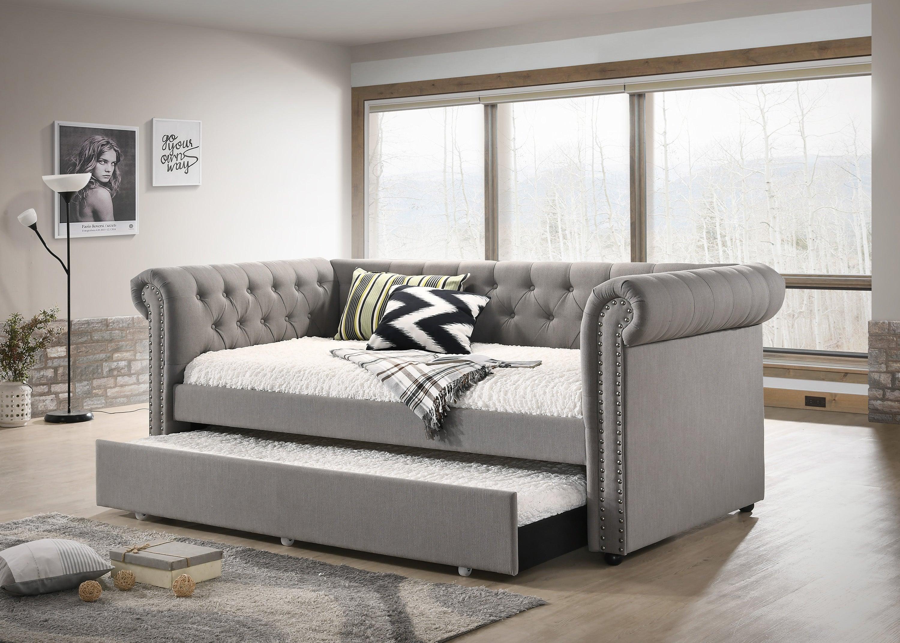 Ellie Dove Gray Fabric Tufted Trundle Daybed - Image 2