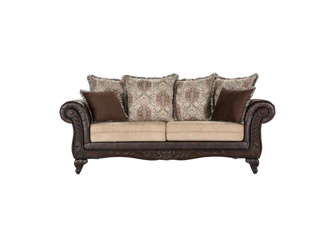Elmbrook Upholstered Rolled Arm Sofa With Intricate Wood Carvings Brown - Image 1