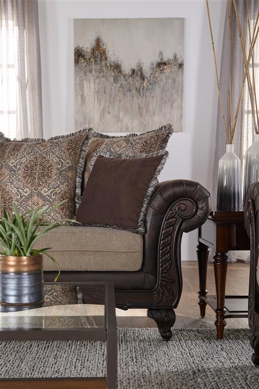 Elmbrook Upholstered Rolled Arm Sofa With Intricate Wood Carvings Brown - Image 2