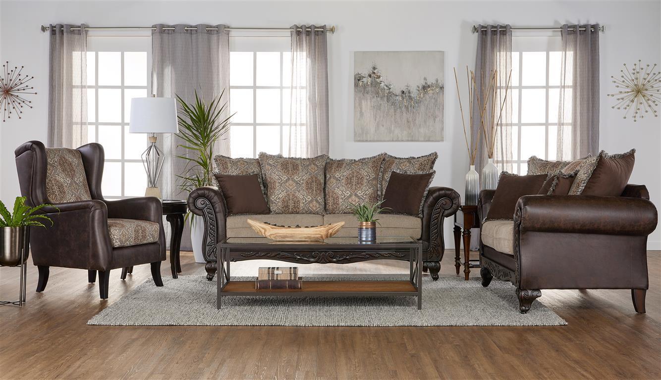 Elmbrook Upholstered Rolled Arm Sofa With Intricate Wood Carvings Brown - Image 3