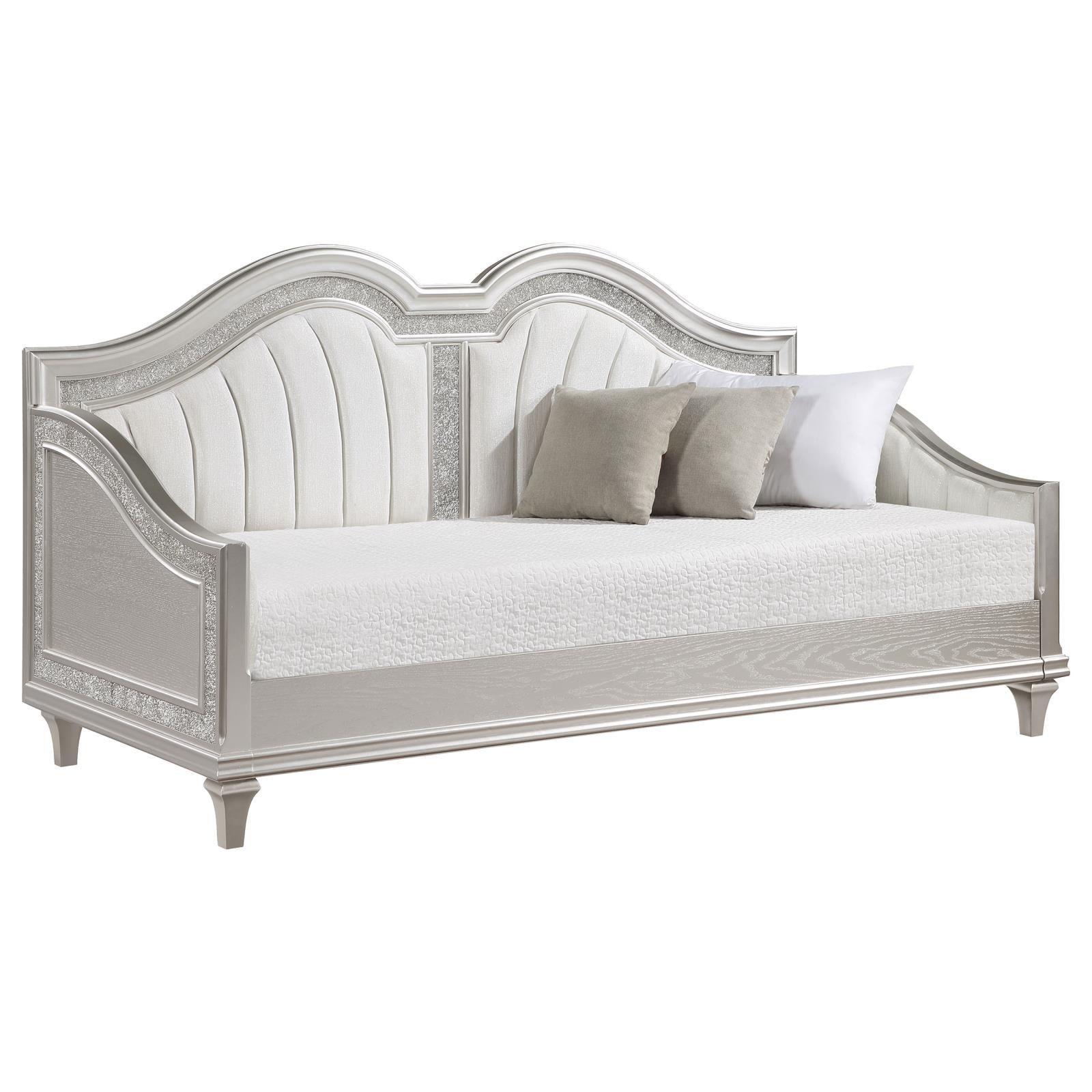 Evangeline Upholstered Twin Daybed With Faux Diamond Trim Silver Ivory - Image 3