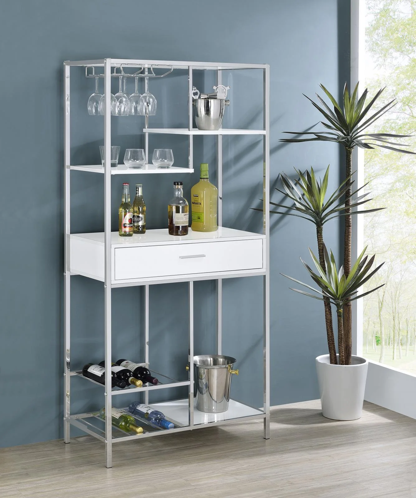 Figueroa 5 Shelf Wine Cabinet With Storage Drawer White High Gloss Chrome - Image 2
