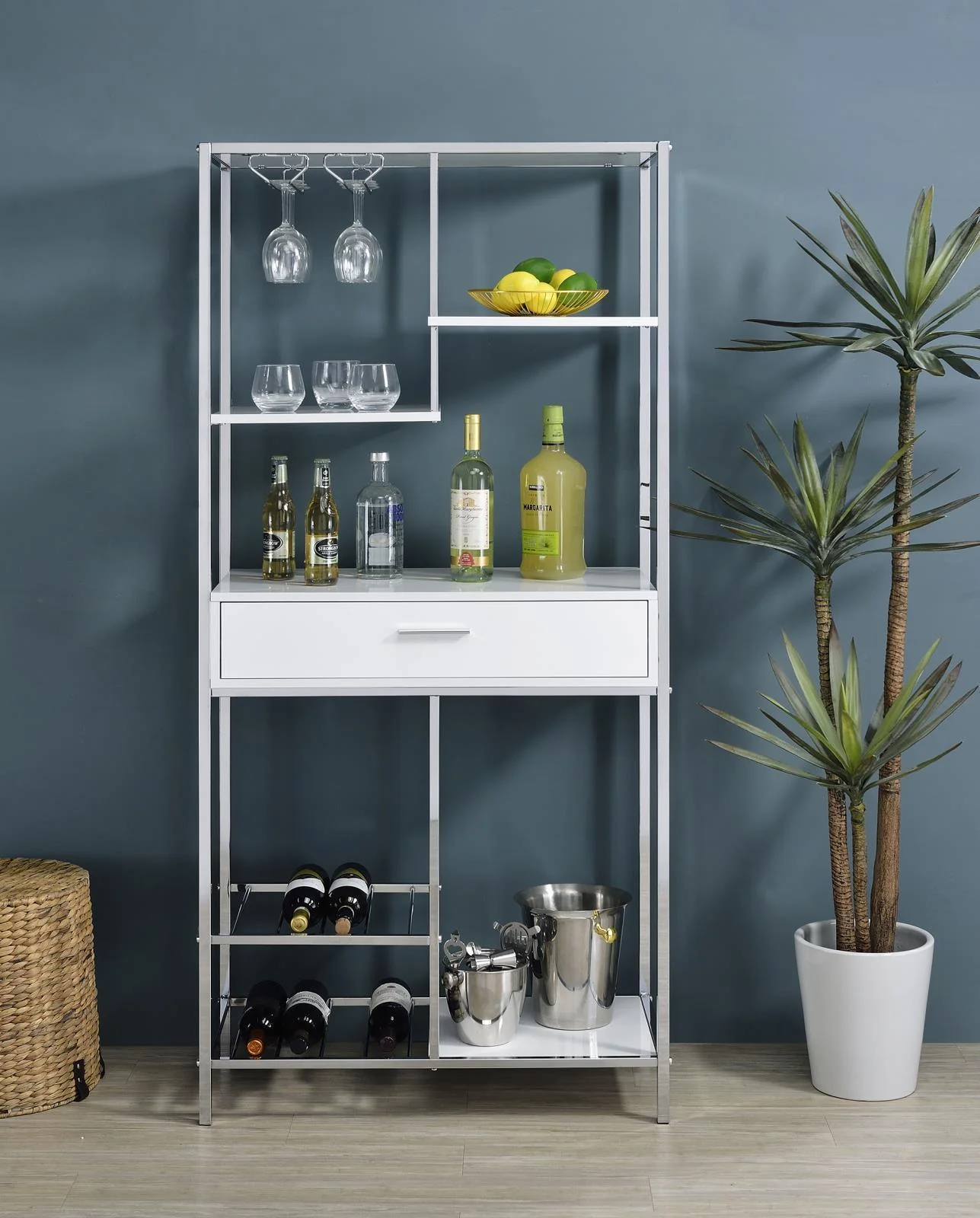 Figueroa 5 Shelf Wine Cabinet With Storage Drawer White High Gloss Chrome - Image 3