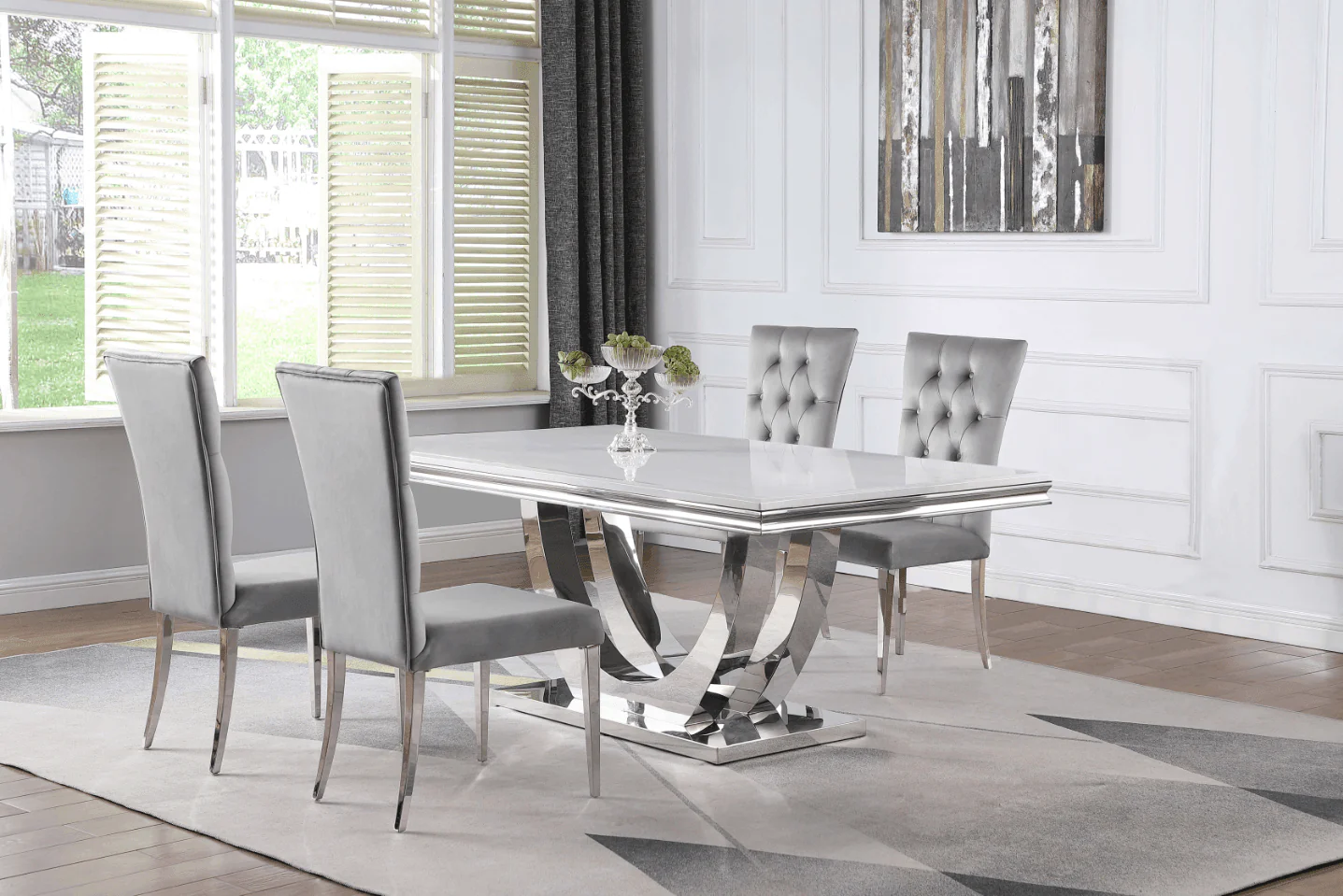 G111101 White Genuine Marble Rectangular Dining Room Set - Image 1