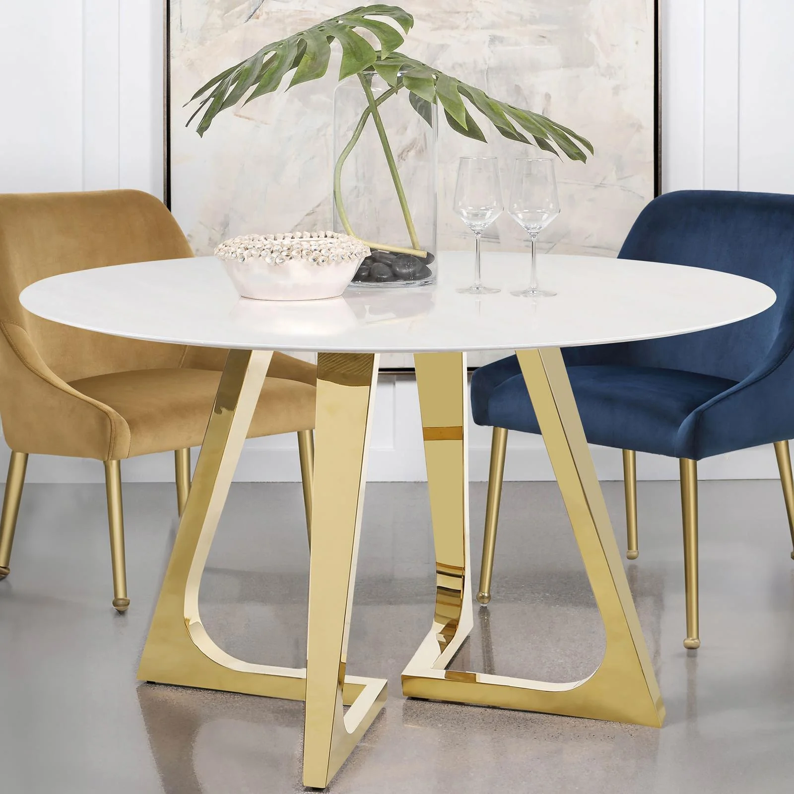 Gwynn Round Dining Table With Marble Top Stainless Steel Base White Gold - Image 2