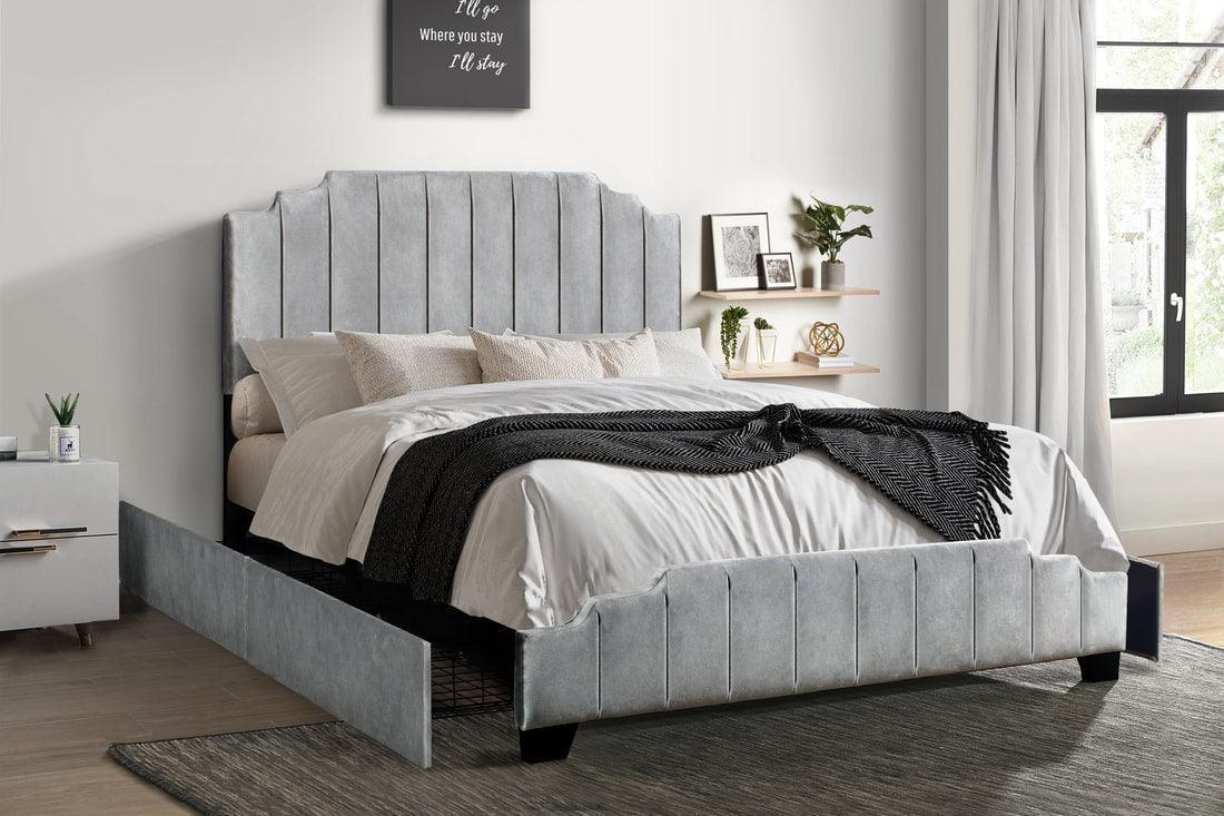 Doom Gray Velvet Upholstered Platform King Bed - Image 1