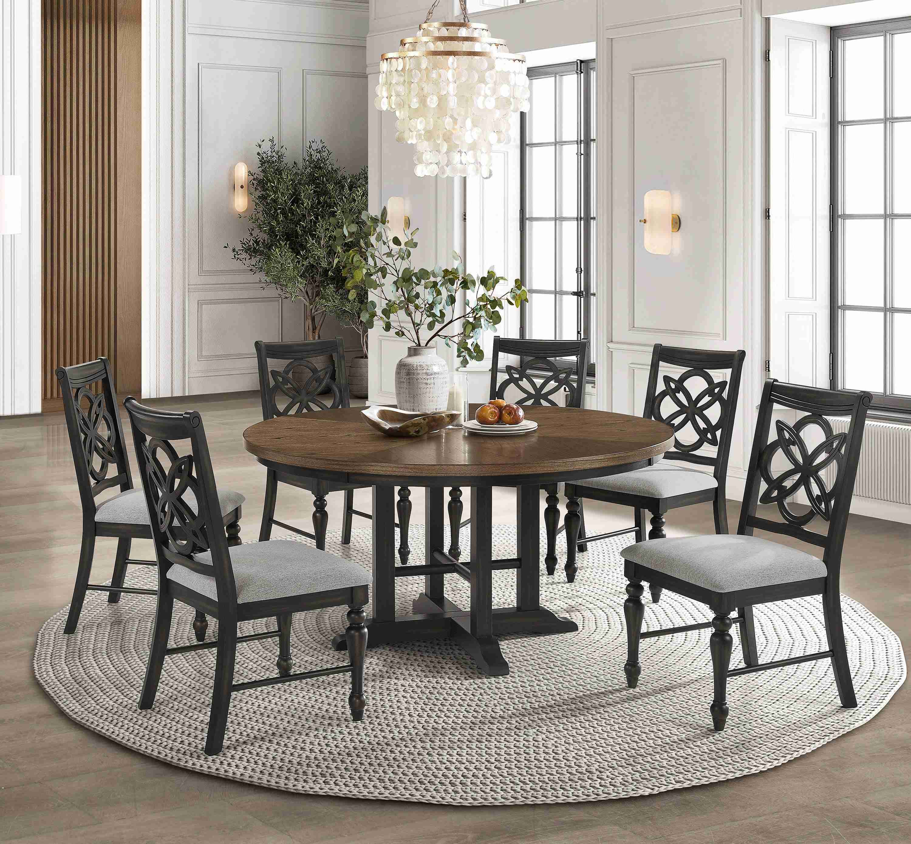 Hilara Brown Gray Fabric Upholstered Round Dining Room Set - Image 2