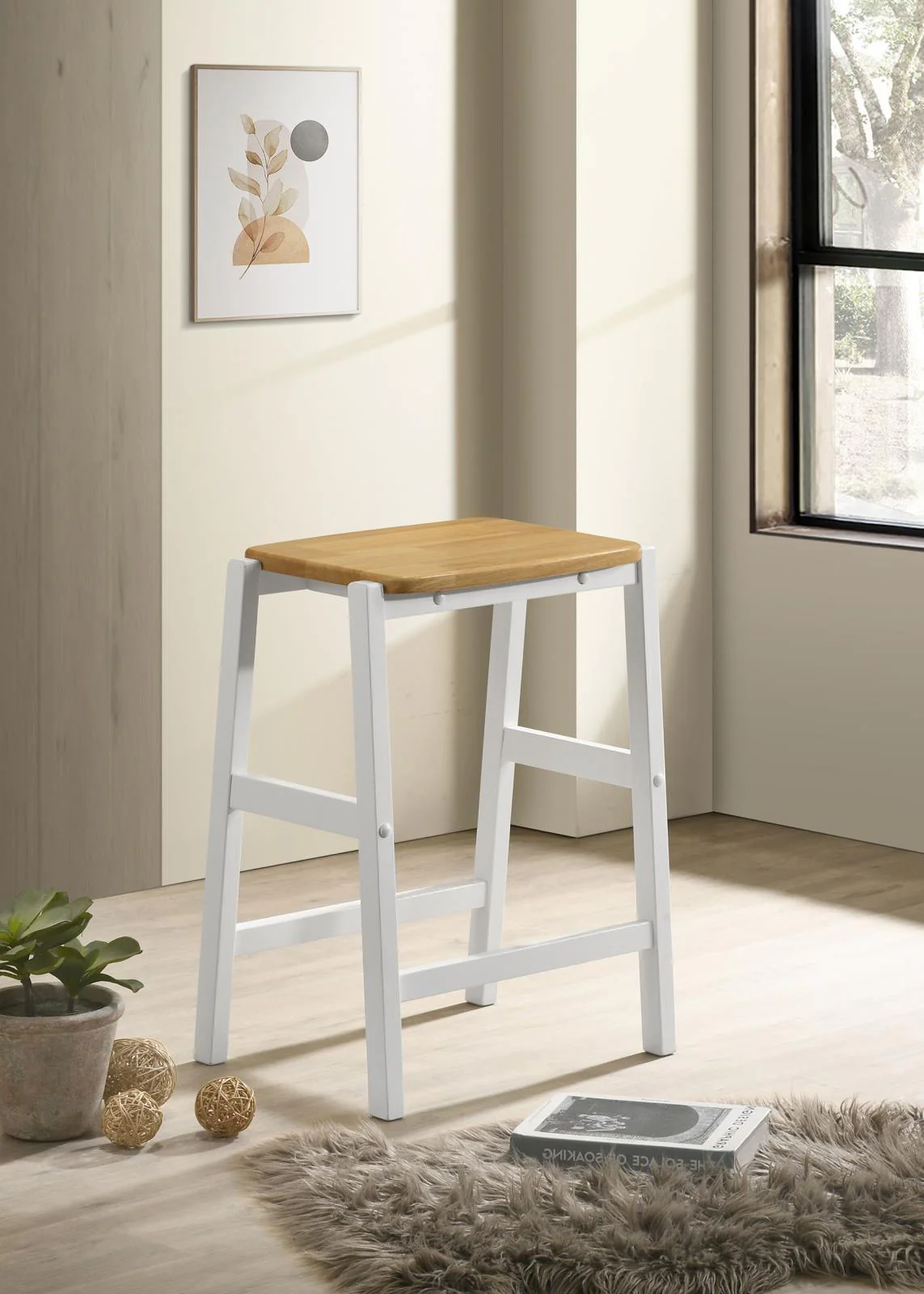 Hollis Wood Counter Height Backless Bar Stool Brown White (Set of 2) - Image 2