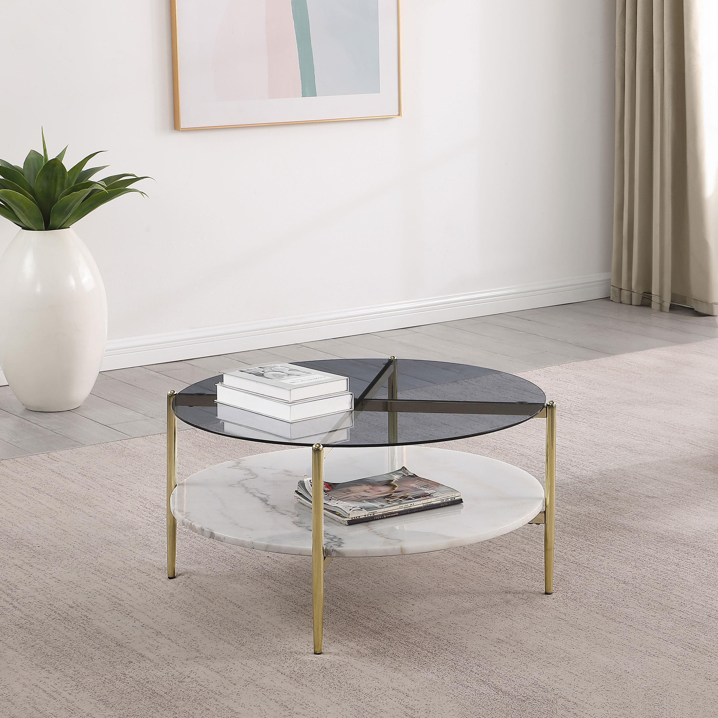 Jonelle Round Glass Top Coffee Table White Marble Shelf Gold - Image 2