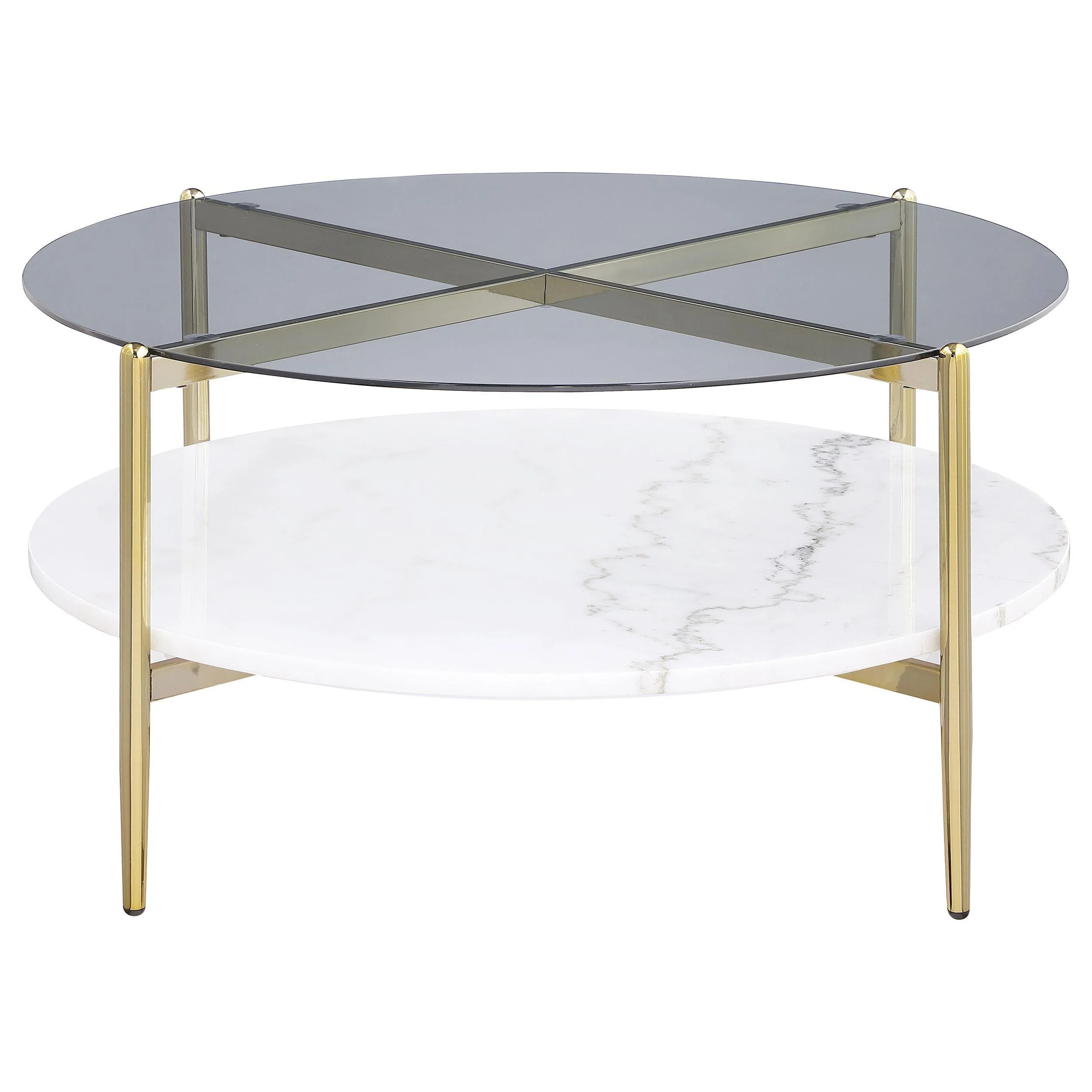 Jonelle Round Glass Top Coffee Table White Marble Shelf Gold - Image 3