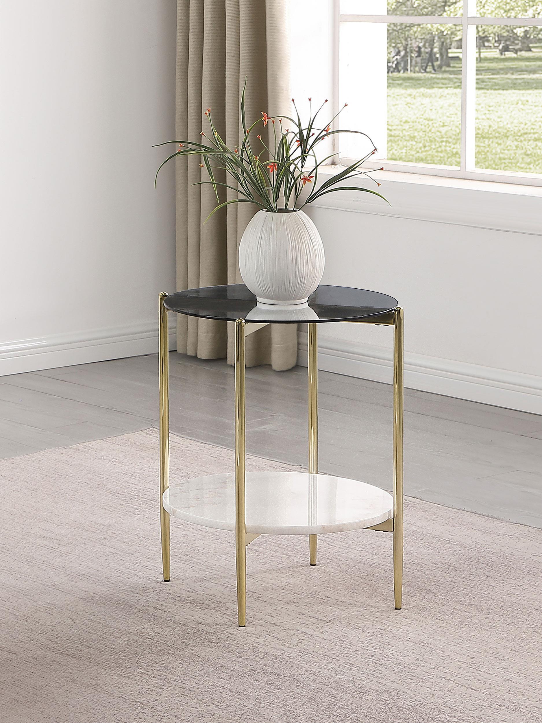 Jonelle Round Glass Top End Table White Marble Shelf Gold - Image 2