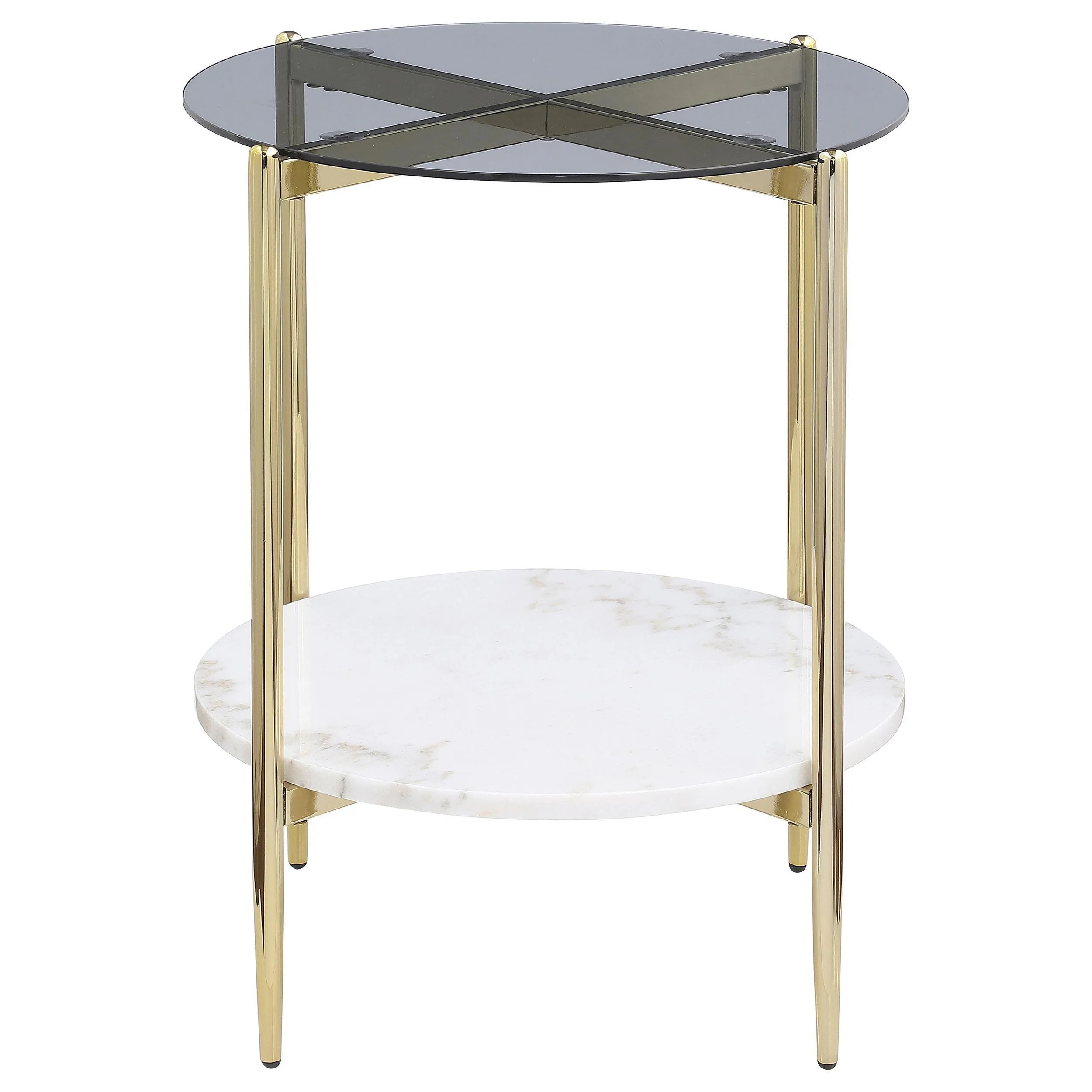 Jonelle Round Glass Top End Table White Marble Shelf Gold - Image 3