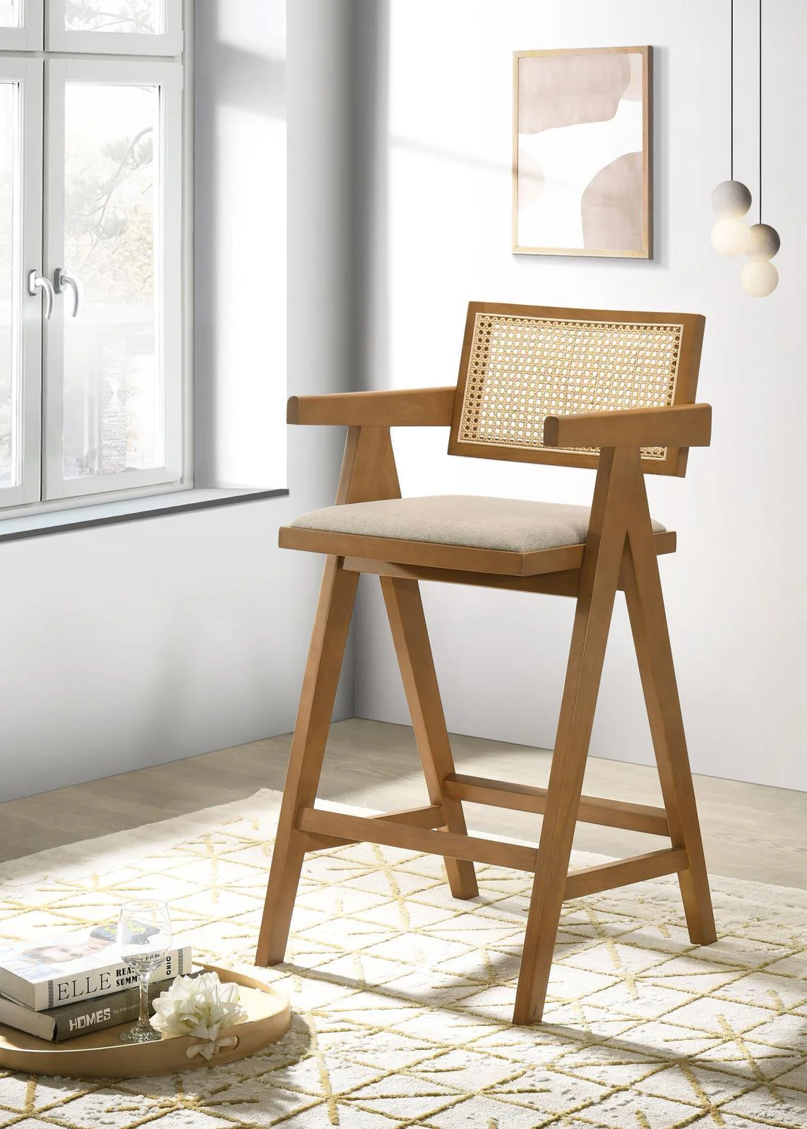 Kane Solid Wood Bar Stool With Woven Rattan Back Upholstered Seat Light Walnut (Set of 2) - Image 2