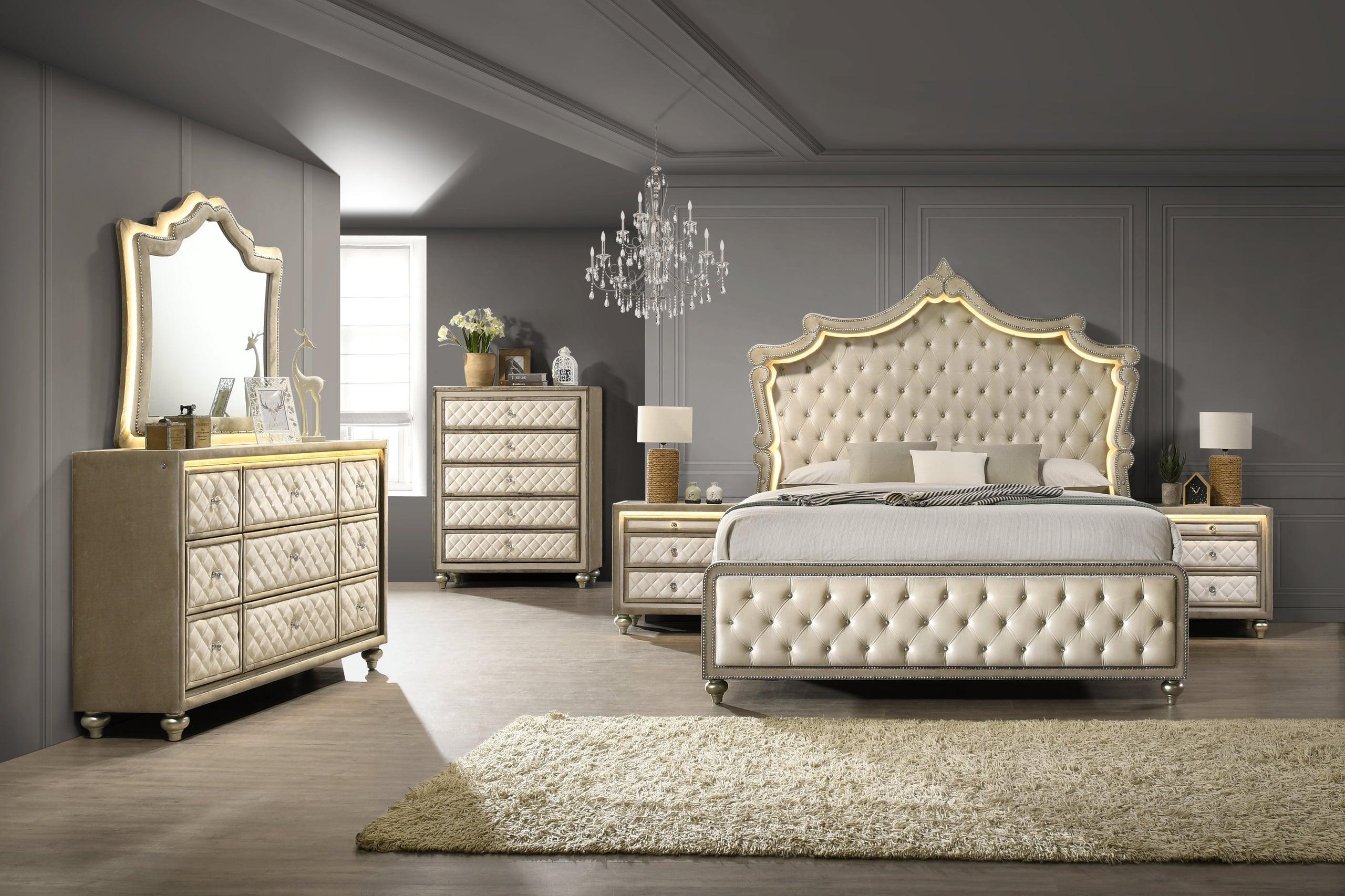 Kingdom Beige LED Upholstered Tufted Panel Bedroom Set - Image 2