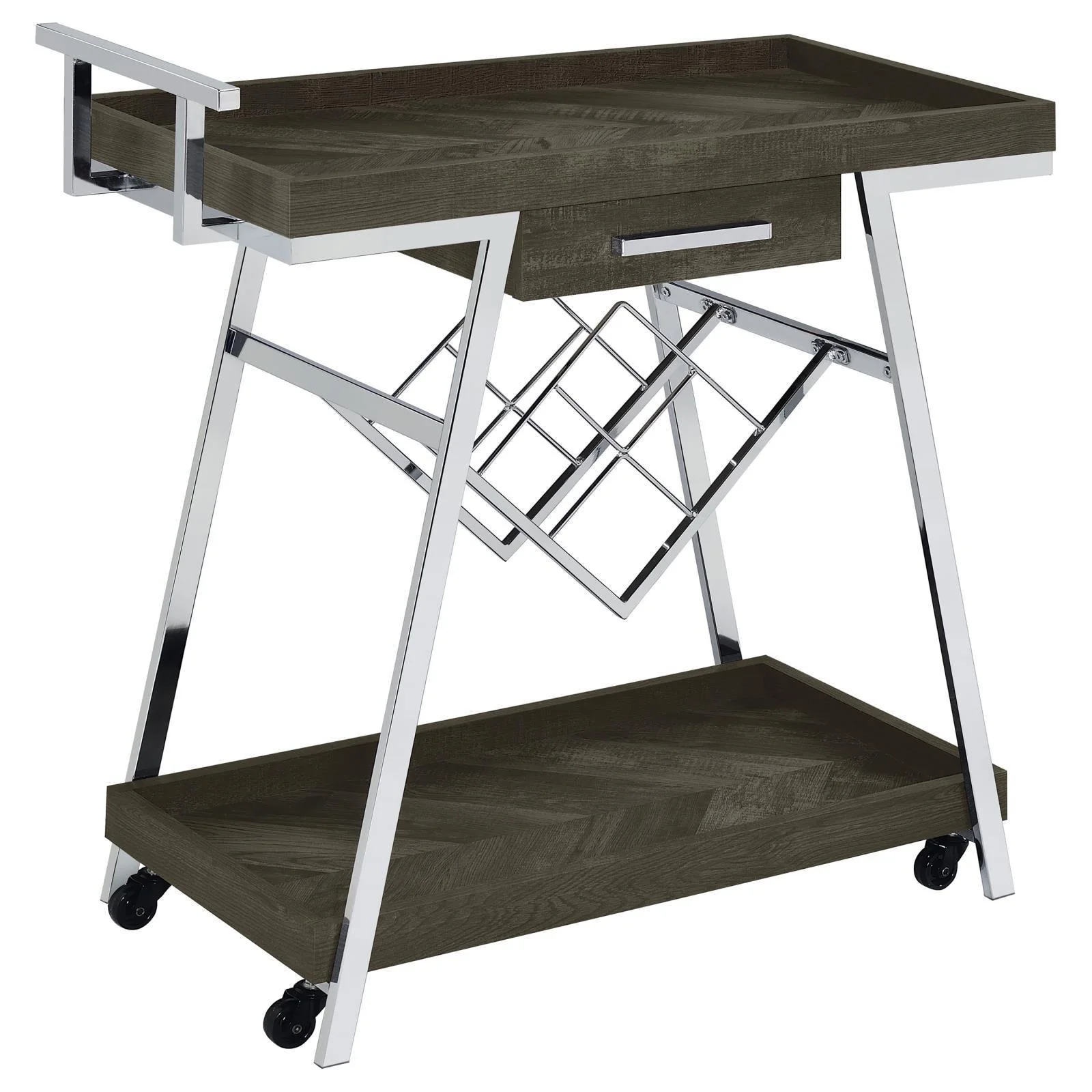 Kinney 2 tier Bar Cart With Storage Drawer Rustic Gray Chrome