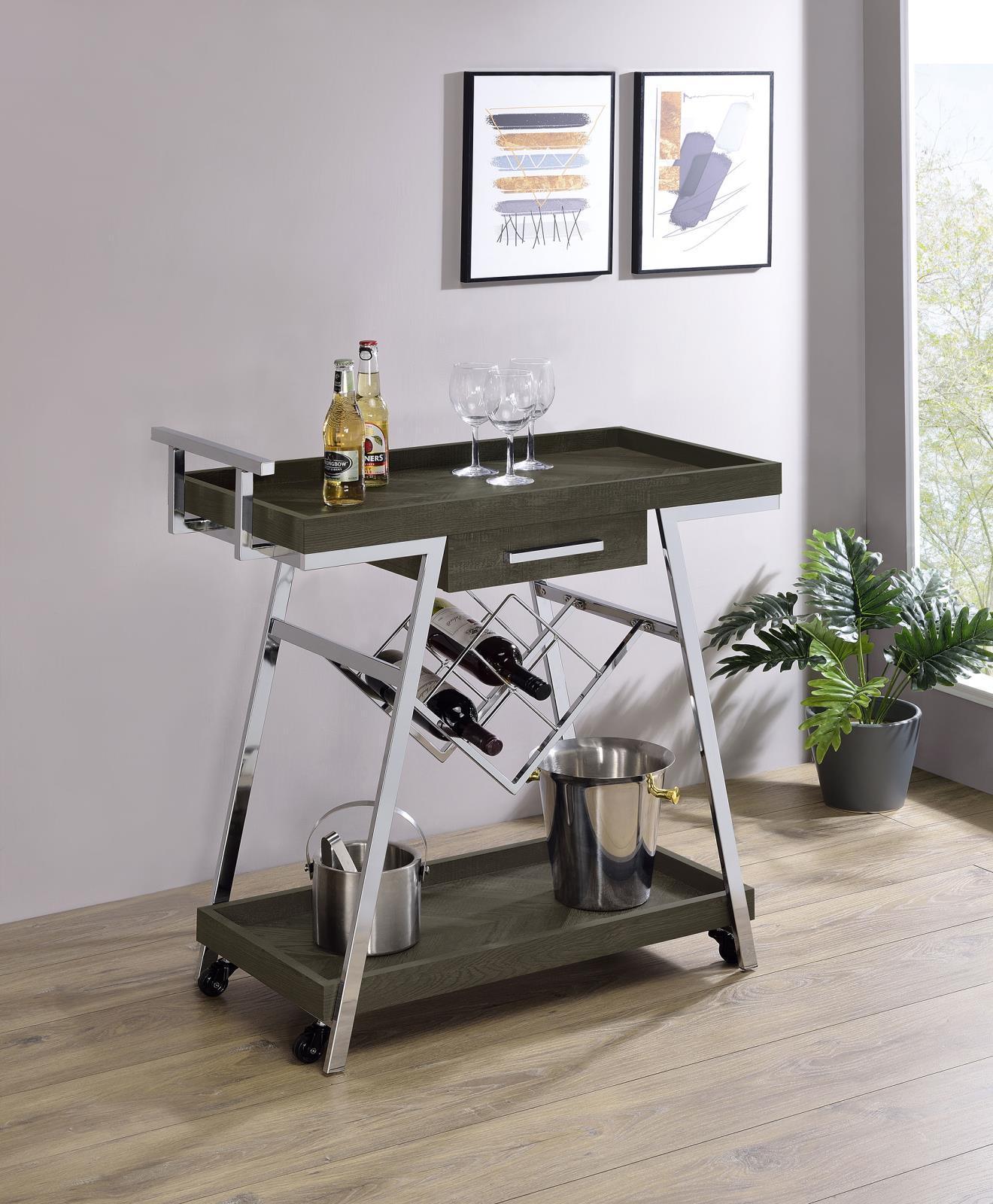 Kinney 2 tier Bar Cart With Storage Drawer Rustic Gray Chrome - Image 2