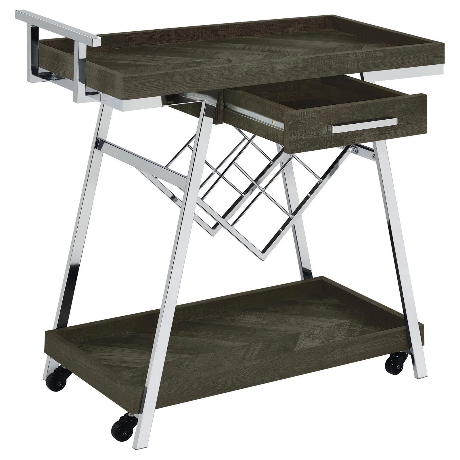 Kinney 2 tier Bar Cart With Storage Drawer Rustic Gray Chrome - Image 3