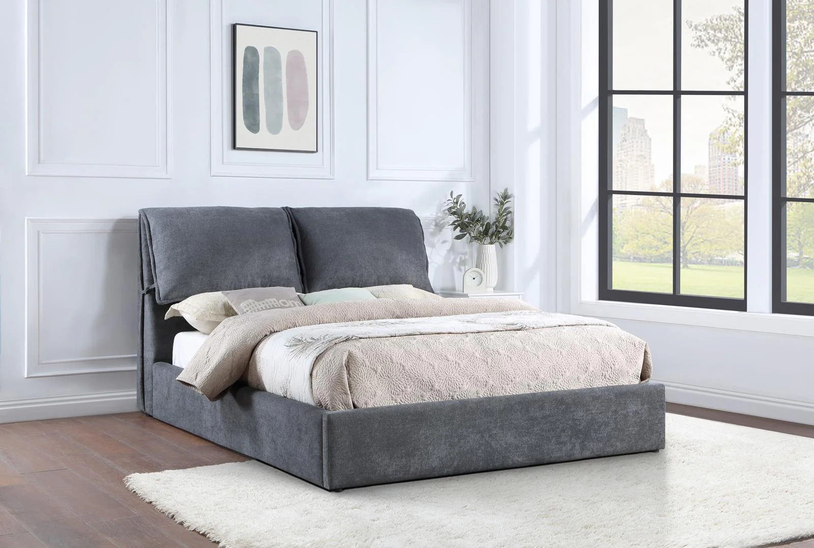 Laurel Upholstered Queen Platform Bed With Pillow Headboard Charcoal Grey - Image 1