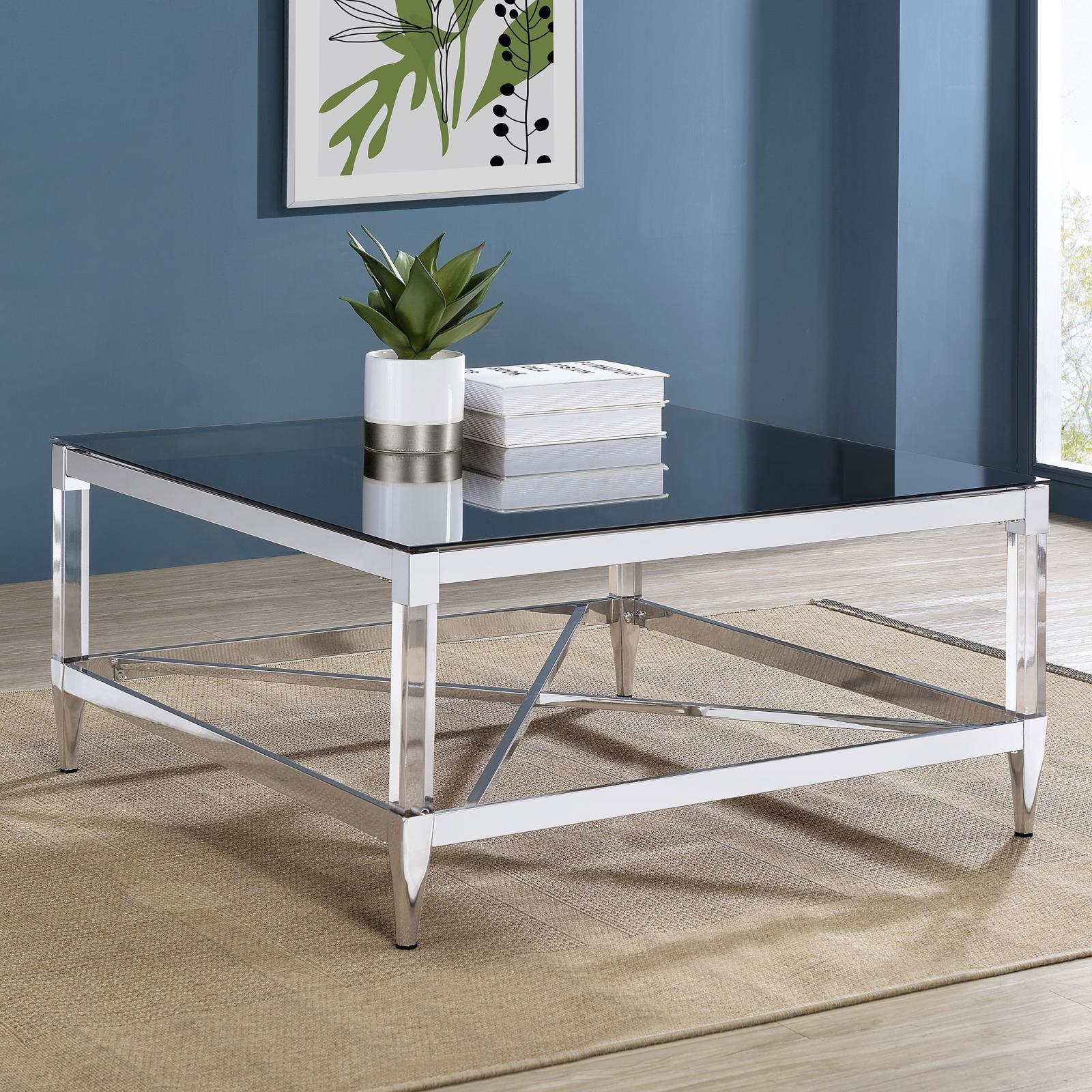 Lindley Square Coffee Table With Acrylic Legs Tempered Mirror Top Chrome - Image 2