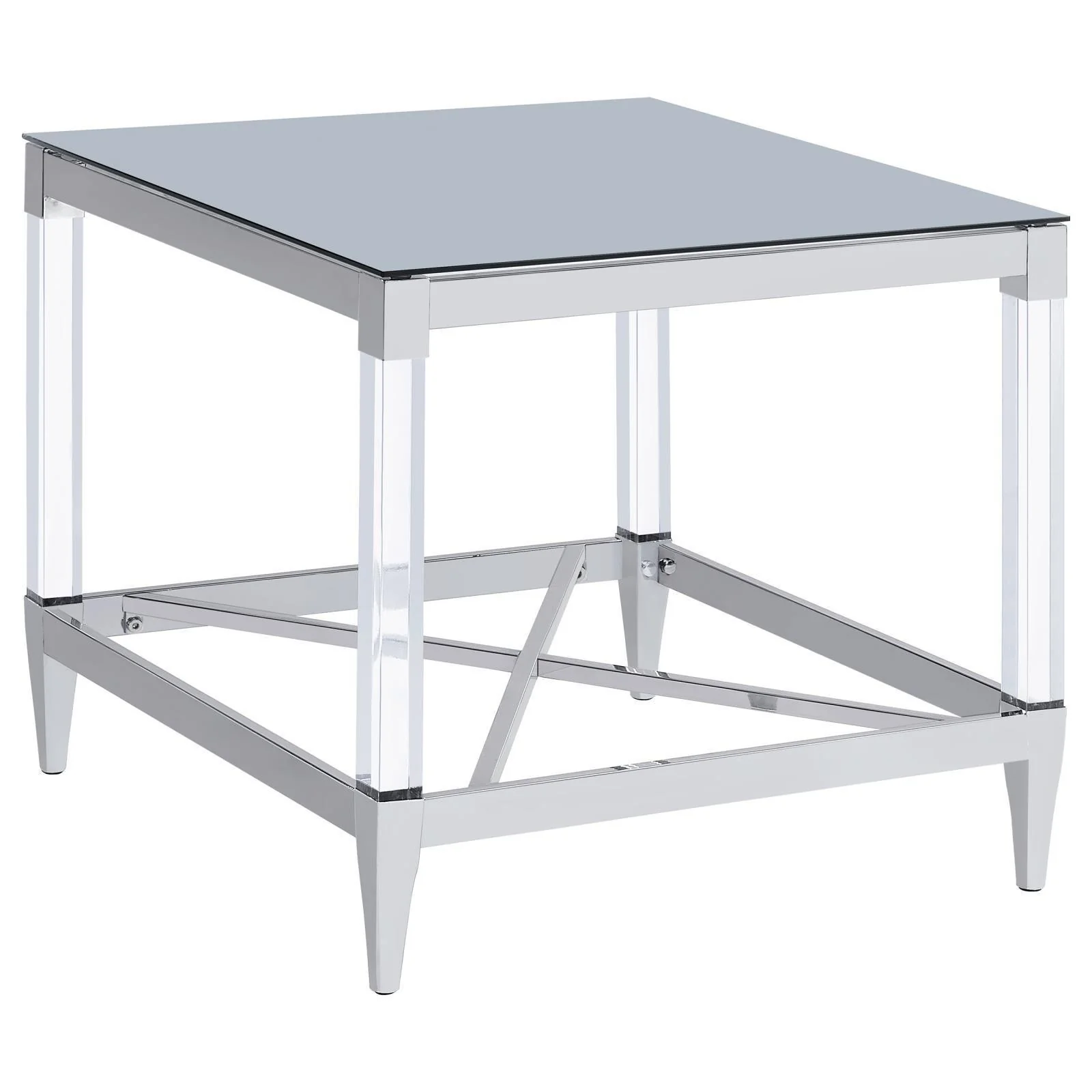 Lindley Square End Table With Acrylic Legs Tempered Mirror Top Chrome - Image 1