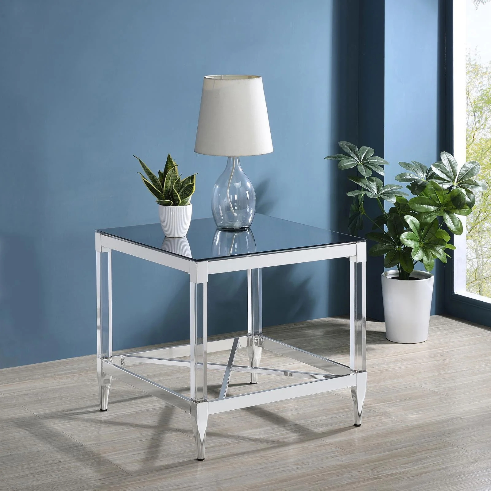 Lindley Square End Table With Acrylic Legs Tempered Mirror Top Chrome - Image 2