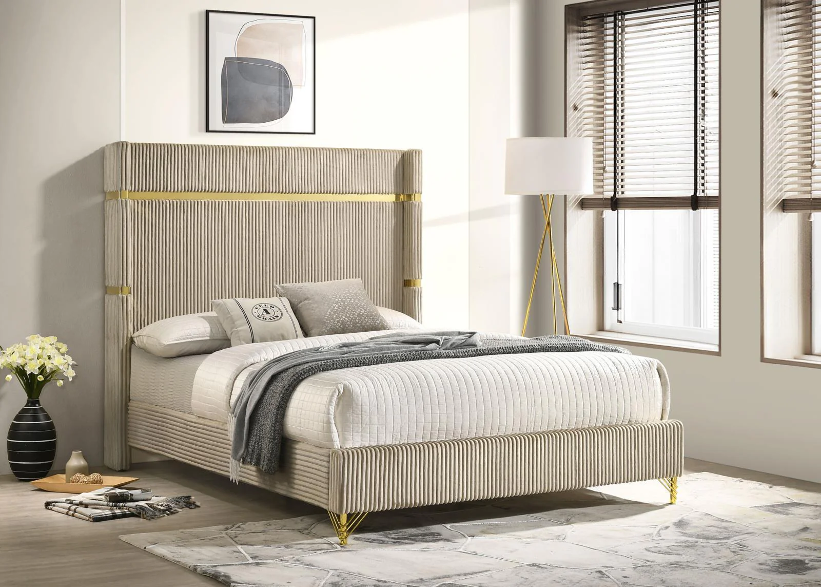 Lucia Upholstered King Wingback Panel Bed Beige - Image 1