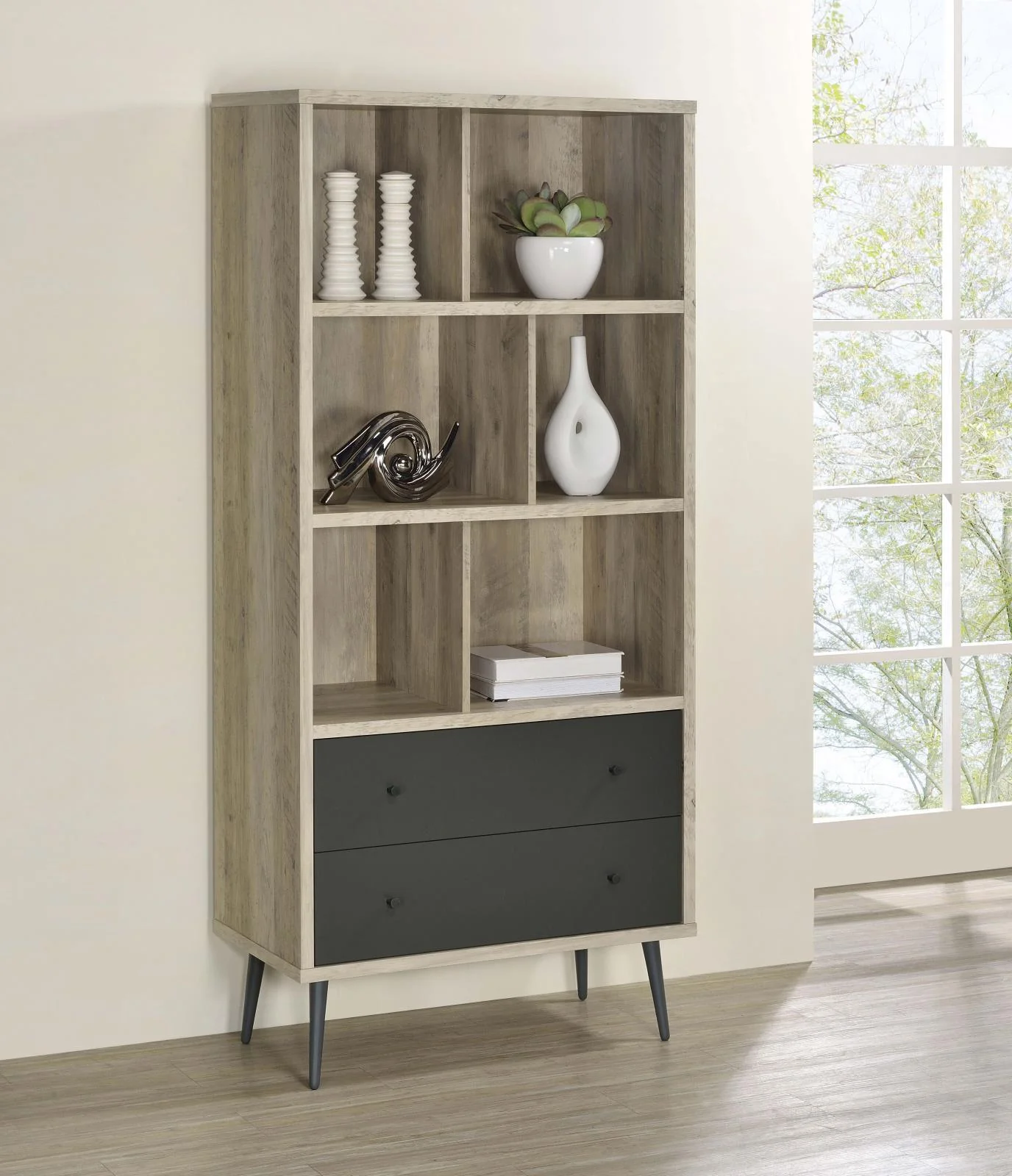 Maeve 3 Shelf Wood Bookcase With Drawers Antique Pine Grey - Image 2