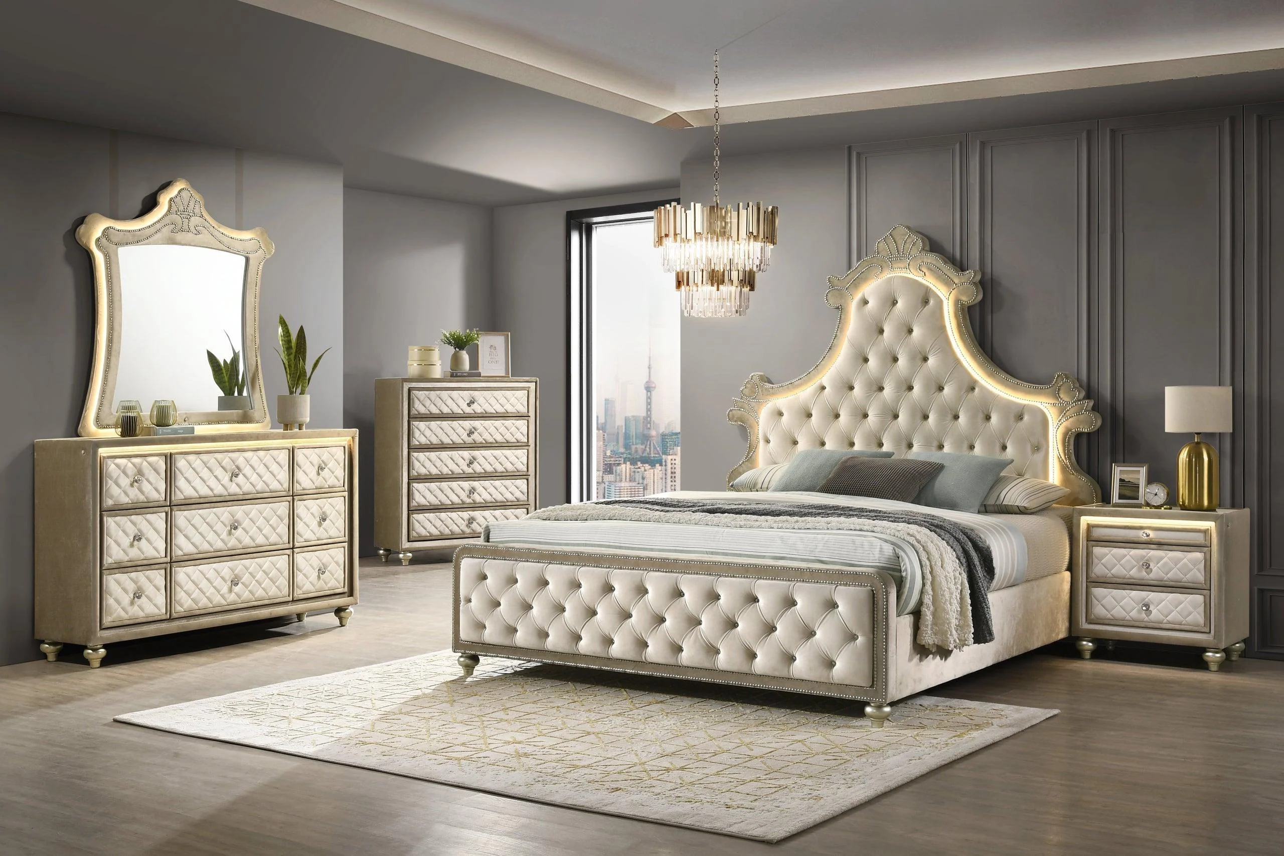 Majesty Beige LED Upholstered Tufted Panel Bedroom Set - Image 2