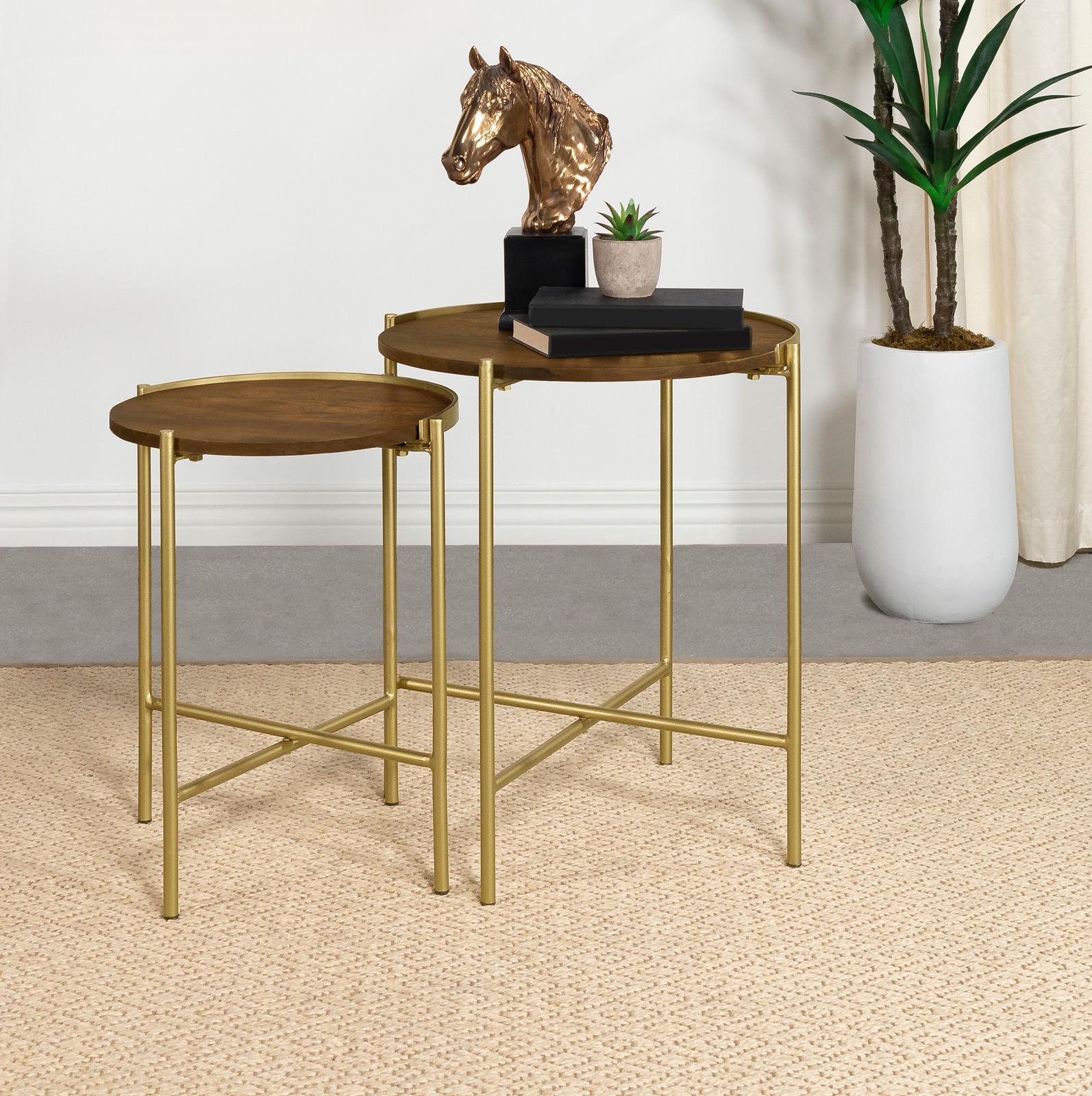 Malka 2-Piece Round Nesting Table Dark Brown Gold - Image 2