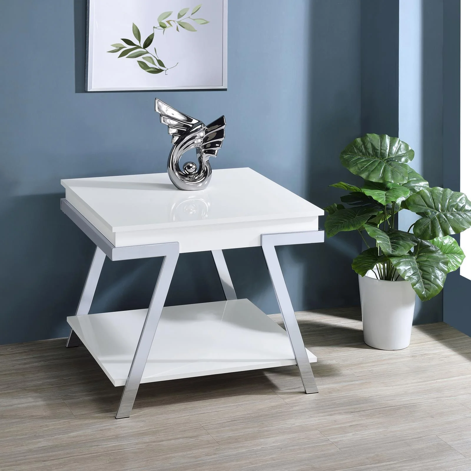 Marcia Wood Rectangular End Table White High Gloss Chrome - Image 2